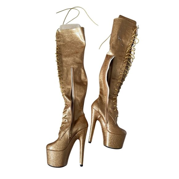 GOLD Glitter Platform Over the Knee Lace Up Boots Size US 7 - Picture 3 of 12